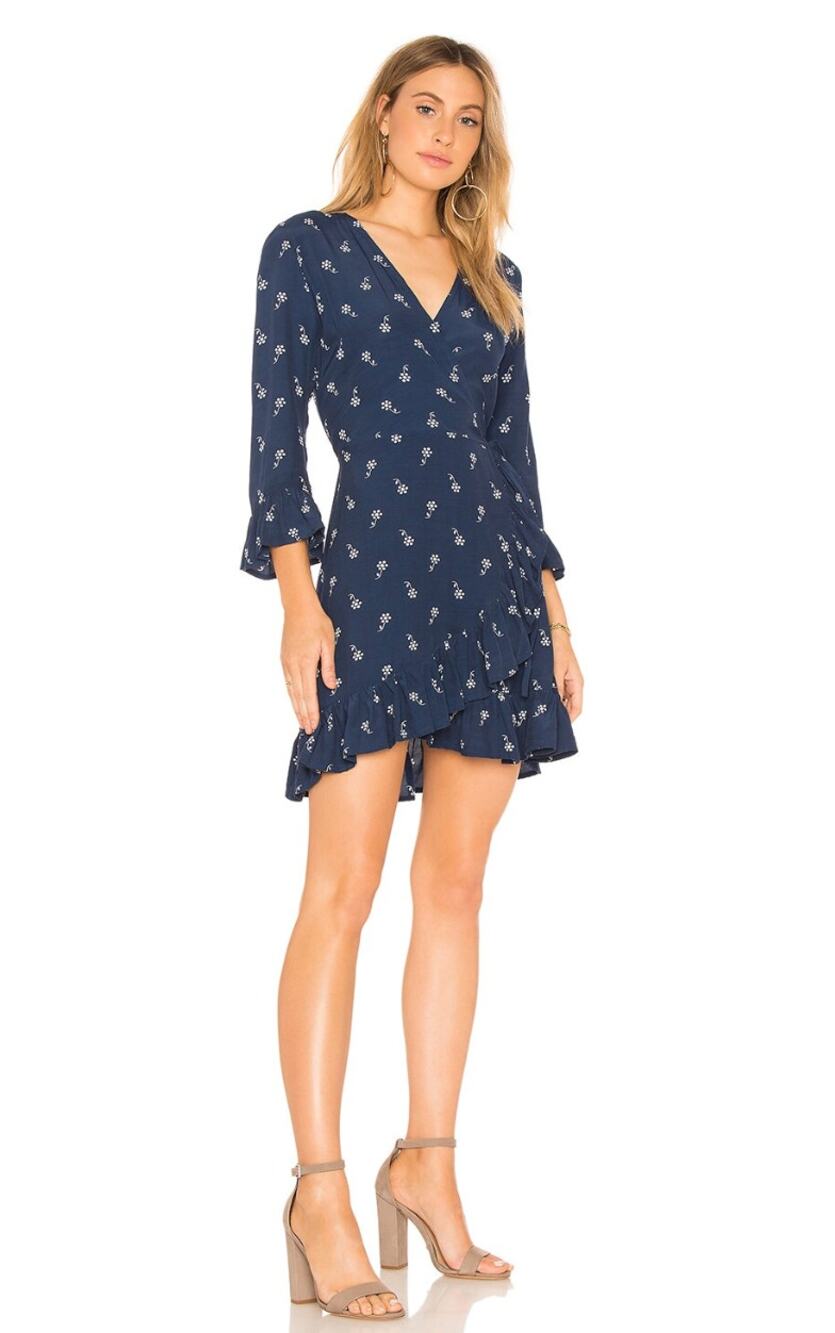 Faithfull The Brand Carmel Wrap Dress Blue Ruffle Cottage Resort Minimalist XS